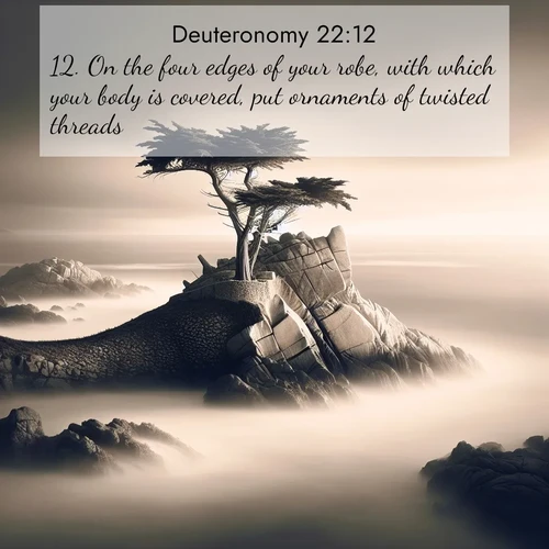 BasicEnglish Deuteronomy  ; image nature: image with the bible verse :On the four edges of your robe, with which your body is covered, put ornaments of twisted threads. ; Admire Bible verse images illustrated by summer photos, such as sunny beaches, sparkling waves, and swaying palm trees. These bright scenes highlight the joy and warmth of God&#039;s creation. Download and share verses like KJV Deuteronomy 22:12. Current verse is overlayed with the thematic nature scene : A lone cypress stands sentinel on a wave-carved point. Pacific storms have shaped its every branch. ; 22:12