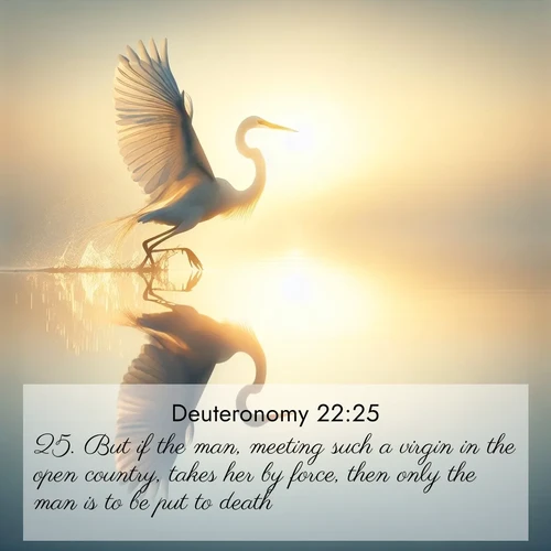 BasicEnglish Deuteronomy  ; image nature: image with the bible verse :But if the man, meeting such a virgin in the open country, takes her by force, then only the man is to be put to death; ; Admire our gallery of Bible verse images paired with serene nature photography, featuring starlit skies, golden sands, and blooming wildflowers. Download and share verses like KJV Deuteronomy 22:25. Current verse is overlayed with the thematic nature scene : A great egret lifts from mirror-still water. Sunrise sets its wings ablaze. ; 22:25