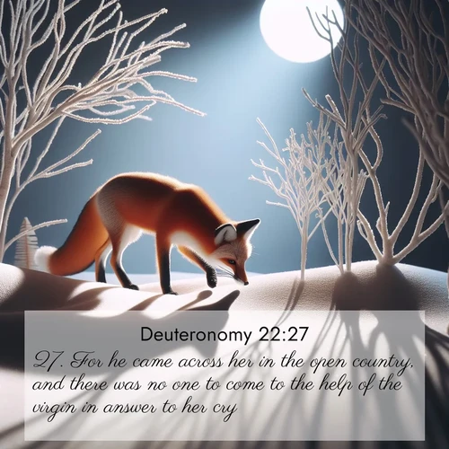 BasicEnglish Deuteronomy  ; image nature: image with the bible verse :For he came across her in the open country, and there was no one to come to the help of the virgin in answer to her cry. ; Admire stunning Bible verse images paired with photos of peaceful landscapes, such as foggy mornings, serene rivers, and blooming gardens. Download these free images and share verses like KJV Deuteronomy 22:27. Current verse is overlayed with the thematic nature scene : A red fox hunts through pristine snow. Moon shadows dance between bare trees. ; 22:27