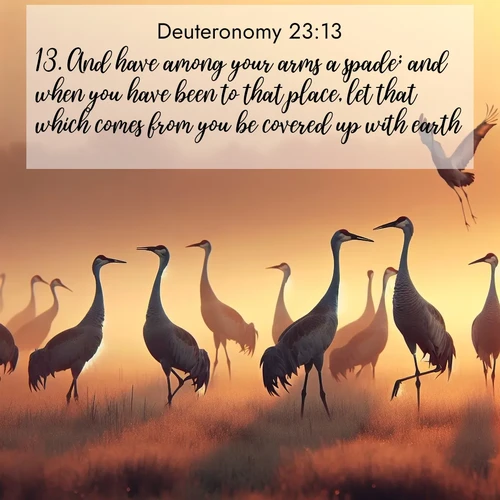 BasicEnglish Deuteronomy  ; image nature: image with the bible verse :And have among your arms a spade; and when you have been to that place, let that which comes from you be covered up with earth: ; Explore a rich collection of Bible verse images beautifully illustrated by natural landscapes, such as colorful skies, towering mountains, and tranquil rivers. The images highlight the serenity of God&#039;s creation with vivid tones and carefully chosen typography. Download and share inspiring verses like KJV Deuteronomy 23:13. Current verse is overlayed with the thematic nature scene : Sandhill cranes dance in morning mist. Their calls echo across the marsh. ; 23:13