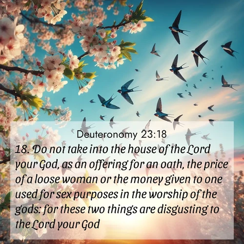 BasicEnglish Deuteronomy  ; image nature: image with the bible verse :Do not take into the house of the Lord your God, as an offering for an oath, the price of a loose woman or the money given to one used for sex purposes in the worship of the gods: for these two things are disgusting to the Lord your God. ; Discover a gallery of Bible verse images showcasing the beauty of autumn, with golden leaves, red forests, and peaceful fields bathed in soft light. These soothing scenes are perfect for accompanying inspiring verses like KJV Deuteronomy 23:18. Current verse is overlayed with the thematic nature scene : Spring migration fills the sky with countless swallows. ; 23:18