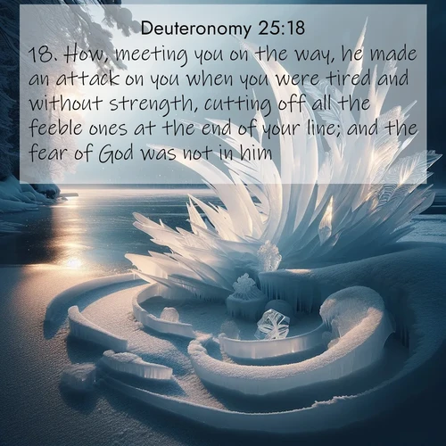 BBE Deuteronomy 25:18 overlaying nature image scene: Winter ice forms abstract sculptures along a lake shore.;18. How, meeting you on the way, he made an attack on you when you were tired and without strength, cutting off all the feeble ones at the end of your line; and the fear of God was not in him.