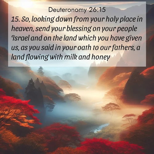 BasicEnglish Deuteronomy  ; image nature: image with the bible verse :So, looking down from your holy place in heaven, send your blessing on your people Israel and on the land which you have given us, as you said in your oath to our fathers, a land flowing with milk and honey. ; Admire our autumnal collection of Bible verse images accompanied by photos of paths lined with red and yellow leaves, fiery forests, and calm rivers. These images inspire reflection and serenity. Share verses like KJV Deuteronomy 26:15. Current verse is overlayed with the thematic nature scene : Autumn mist rises from a valley dotted with red and gold maples. ; 26:15