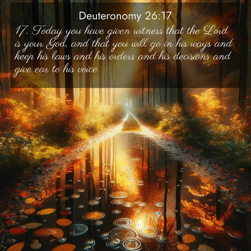 BasicEnglish Deuteronomy  ; image nature: image with the bible verse :Today you have given witness that the Lord is your God, and that you will go in his ways and keep his laws and his orders and his decisions and give ear to his voice: ; Browse a vast collection of Bible verse images featuring awe-inspiring landscapes such as calm lakes, vibrant sunsets, and peaceful fields. Download them for free and enjoy verses like KJV Deuteronomy 26:17. Current verse is overlayed with the thematic nature scene : Autumn colors reflect in rain puddles on a forest path. ; 26:17