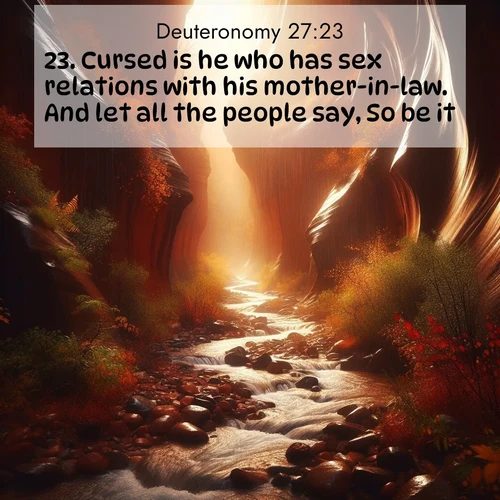BasicEnglish Deuteronomy  ; image nature: image with the bible verse :Cursed is he who has sex relations with his mother-in-law. And let all the people say, So be it. ; Download Bible verse images paired with breathtaking nature photos like golden deserts, shimmering seas, and blossoming orchards. These high-quality, free images are perfect for wallpapers or sharing. Verses include KJV Deuteronomy 27:23. Current verse is overlayed with the thematic nature scene : Autumn rain creates temporary streams in slot canyons. ; 27:23