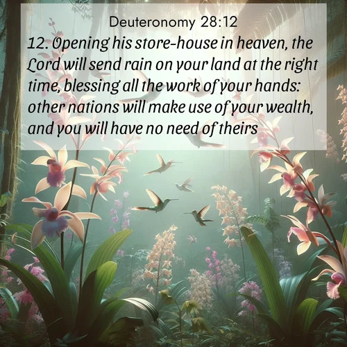 BasicEnglish Deuteronomy  ; image nature: image with the bible verse :Opening his store-house in heaven, the Lord will send rain on your land at the right time, blessing all the work of your hands: other nations will make use of your wealth, and you will have no need of theirs. ; Browse our library of beautiful Bible verse images, perfect for wallpapers or sharing. Each verse is paired with serene natural landscapes like misty mountains, calming beaches, and colorful sunsets. Download and enjoy verses such as KJV Deuteronomy 28:12. Current verse is overlayed with the thematic nature scene : Wild orchids bloom in rainforest canopy. Hummingbirds dance between delicate petals. ; 28:12