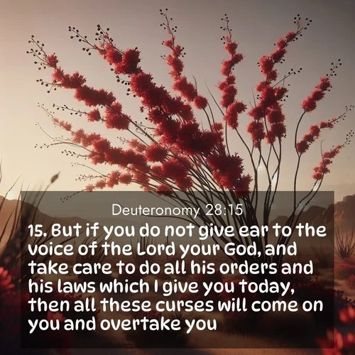 BasicEnglish Deuteronomy  ; image nature: image with the bible verse :But if you do not give ear to the voice of the Lord your God, and take care to do all his orders and his laws which I give you today, then all these curses will come on you and overtake you: ; Explore free Bible verse images with stunning nature themes, including sunlit paths, forest clearings, and endless horizons. Perfect for desktop backgrounds or phone wallpapers. Verses include KJV Deuteronomy 28:15. Current verse is overlayed with the thematic nature scene : Desert ocotillo flames crimson red. Wind sings through thorny branches. ; 28:15