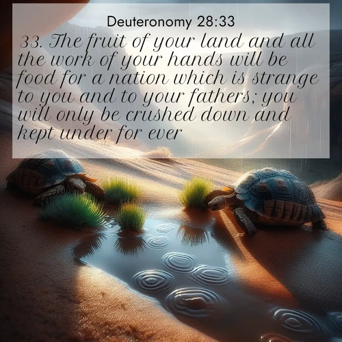 BasicEnglish Deuteronomy  ; image nature: image with the bible verse :The fruit of your land and all the work of your hands will be food for a nation which is strange to you and to your fathers; you will only be crushed down and kept under for ever: ; Explore a winter collection of Bible verse images adorned with photos of icy landscapes, frozen waterfalls, and snow-covered forests. These scenes capture divine tranquility and purity. Download inspiring verses like KJV Deuteronomy 28:33. Current verse is overlayed with the thematic nature scene : Desert tortoises emerge after summer rains. Thunder echoes through hidden canyons. ; 28:33