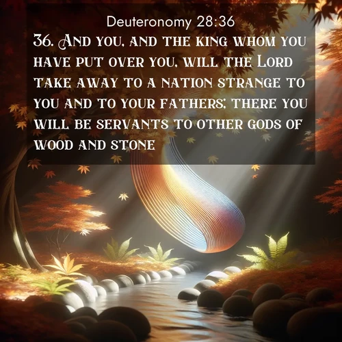 BasicEnglish Deuteronomy  ; image nature: image with the bible verse :And you, and the king whom you have put over you, will the Lord take away to a nation strange to you and to your fathers; there you will be servants to other gods of wood and stone. ; Dive into our collection of Bible verse images beautifully illustrated with beach photos, featuring gentle waves, sunsets over the sea, and sandy shores. These scenes evoke the peace and majesty of God. Download and share inspiring verses like KJV Deuteronomy 28:36. Current verse is overlayed with the thematic nature scene : Autumn leaves spiral through shafts of light. A hidden stream provides gentle music. ; 28:36