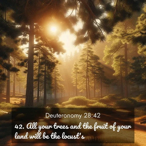 BasicEnglish Deuteronomy  ; image nature: image with the bible verse :All your trees and the fruit of your land will be the locust&#039;s. ; Discover inspiring Bible verse images featuring natural wonders like lush forests, sunny horizons, and cascading waterfalls. Perfect for wallpapers or spiritual encouragement. Download verses like KJV Deuteronomy 28:42. Current verse is overlayed with the thematic nature scene : Summer heat brings out the scent of pine needles. ; 28:42