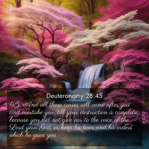 BasicEnglish Deuteronomy  ; image nature: image with the bible verse :And all these curses will come after you and overtake you, till your destruction is complete; because you did not give ear to the voice of the Lord your God, or keep his laws and his orders which he gave you: ; Explore Bible verses combined with serene beach photos, desert dunes, and infinite skies, highlighting God&#039;s majesty in every landscape. Download and share inspiring verses like KJV Deuteronomy 28:45. Current verse is overlayed with the thematic nature scene : A spring cascade plunges into a pool surrounded by flowering dogwood. ; 28:45