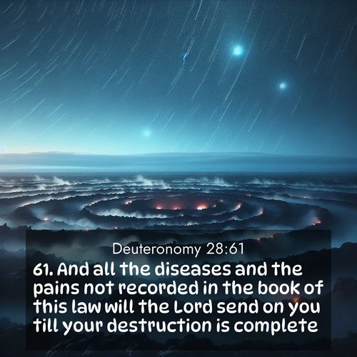 BasicEnglish Deuteronomy  ; image nature: image with the bible verse :And all the diseases and the pains not recorded in the book of this law will the Lord send on you till your destruction is complete. ; Explore a collection of free Bible verse images paired with serene landscapes like golden beaches, verdant forests, and clear blue skies. Each image is ideal for desktop or phone wallpapers. Share verses like KJV Deuteronomy 28:61. Current verse is overlayed with the thematic nature scene : Volcanic steam rises through a field of black lava. Stars wheel overhead in the thin air. ; 28:61