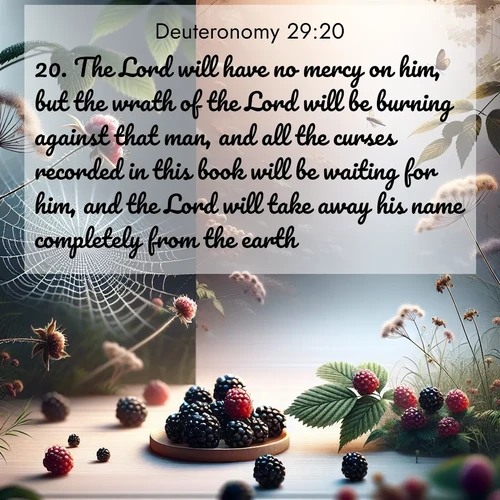 BBE Deuteronomy 29:20 overlaying nature image scene: Wild blackberries ripen in secret hollows. Morning spider webs catch dew like diamonds.;20. The Lord will have no mercy on him, but the wrath of the Lord will be burning against that man, and all the curses recorded in this book will be waiting for him, and the Lord will take away his name completely from the earth.