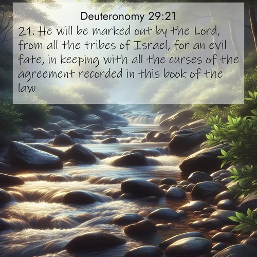 BBE Deuteronomy 29:21 overlaying nature image scene: A mountain stream tumbles over smooth rocks between banks of mountain laurel.;21. He will be marked out by the Lord, from all the tribes of Israel, for an evil fate, in keeping with all the curses of the agreement recorded in this book of the law.
