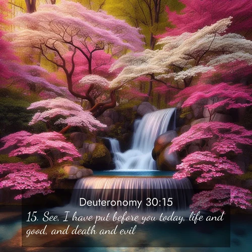 BBE Deuteronomy 30:15 overlaying nature image scene: A spring cascade plunges into a pool surrounded by flowering dogwood.;15. See, I have put before you today, life and good, and death and evil;