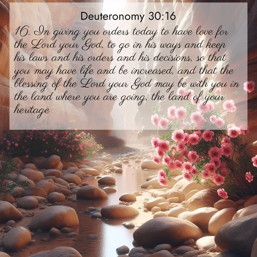 BBE Deuteronomy 30:16 overlaying nature image scene: Desert roses bloom in a hidden canyon after rare rainfall. Their pink petals contrast against weathered sandstone walls.;16. In giving you orders today to have love for the Lord your God, to go in his ways and keep his laws and his orders and his decisions, so that you may have life and be increased, and that the blessing of the Lord your God may be with you in the land where you are going, the land of your heritage.