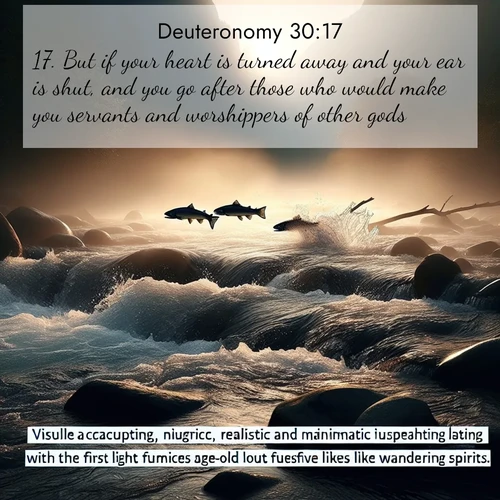 BBE Deuteronomy 30:17 overlaying nature image scene: Wild salmon leap ancient rapids. Mist rises like spirits at dawn.;17. But if your heart is turned away and your ear is shut, and you go after those who would make you servants and worshippers of other gods: