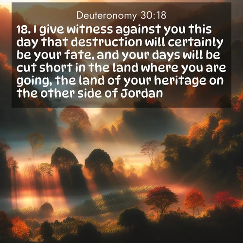 BBE Deuteronomy 30:18 overlaying nature image scene: Autumn mist rises from warming morning valleys.;18. I give witness against you this day that destruction will certainly be your fate, and your days will be cut short in the land where you are going, the land of your heritage on the other side of Jordan.