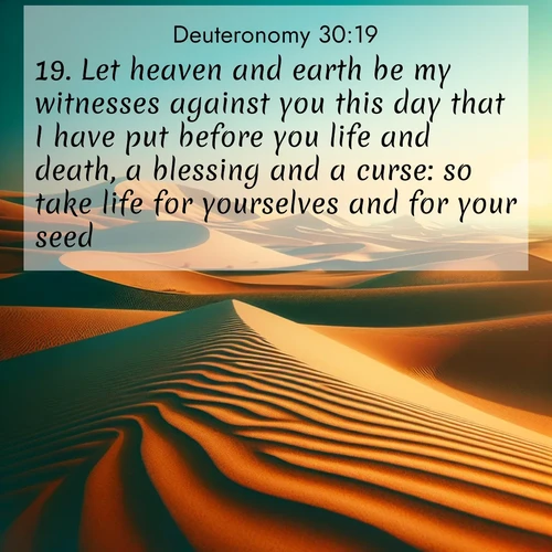 BBE Deuteronomy 30:19 overlaying nature image scene: Desert dunes ripple endlessly under the scorching sun, their golden crests sharp against the azure sky. A sidewinder's tracks weave delicate patterns in the sand.;19. Let heaven and earth be my witnesses against you this day that I have put before you life and death, a blessing and a curse: so take life for yourselves and for your seed: