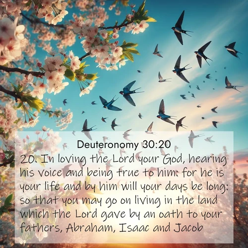 BBE Deuteronomy 30:20 overlaying nature image scene: Spring migration fills the sky with countless swallows.;20. In loving the Lord your God, hearing his voice and being true to him: for he is your life and by him will your days be long: so that you may go on living in the land which the Lord gave by an oath to your fathers, Abraham, Isaac and Jacob.