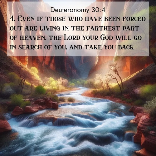 BBE Deuteronomy 30:4 overlaying nature image scene: Spring floods transform a desert canyon into a rushing river.;4. Even if those who have been forced out are living in the farthest part of heaven, the Lord your God will go in search of you, and take you back;