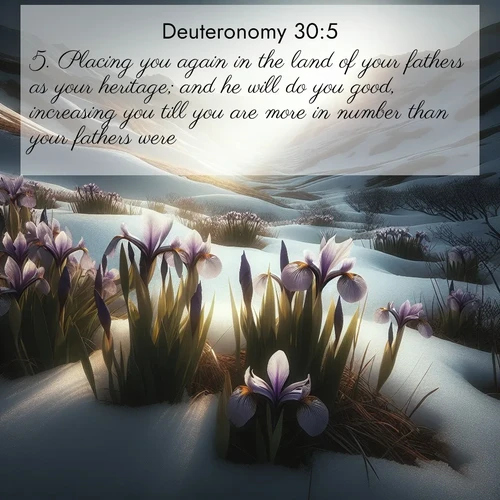 BBE Deuteronomy 30:5 overlaying nature image scene: Wild irises pierce winter's last snow. Alpine light sets their petals ablaze.;5. Placing you again in the land of your fathers as your heritage; and he will do you good, increasing you till you are more in number than your fathers were.