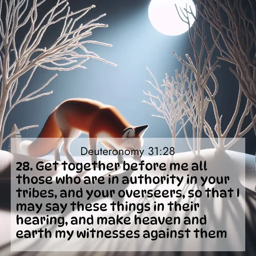BasicEnglish Deuteronomy  ; image nature: image with the bible verse :Get together before me all those who are in authority in your tribes, and your overseers, so that I may say these things in their hearing, and make heaven and earth my witnesses against them. ; Admire our autumnal collection of Bible verse images accompanied by photos of paths lined with red and yellow leaves, fiery forests, and calm rivers. These images inspire reflection and serenity. Share verses like KJV Deuteronomy 31:28. Current verse is overlayed with the thematic nature scene : A red fox hunts through pristine snow. Moon shadows dance between bare trees. ; 31:28