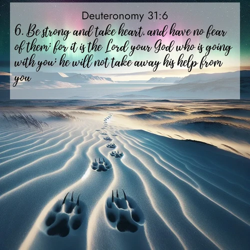 BasicEnglish Deuteronomy  ; image nature: image with the bible verse :Be strong and take heart, and have no fear of them: for it is the Lord your God who is going with you; he will not take away his help from you. ; Explore a collection of inspiring Bible verse images accompanied by winter photos, such as snowy landscapes, frosted trees, and frozen lakes. These images reflect the peace and purity of God&#039;s creation, with elegant fonts and luminous colors. Download and share verses like KJV Deuteronomy 31:6. Current verse is overlayed with the thematic nature scene : Arctic fox tracks cross windswept tundra. Northern lights pulse overhead in cosmic rhythm. ; 31:6