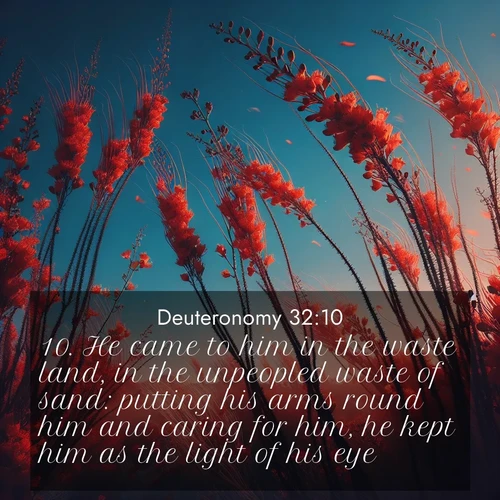 BasicEnglish Deuteronomy  ; image nature: image with the bible verse :He came to him in the waste land, in the unpeopled waste of sand: putting his arms round him and caring for him, he kept him as the light of his eye. ; Admire Bible verse images featuring tranquil rivers, golden fields, and starry heavens. These free-to-download images make inspiring wallpapers or thoughtful gifts. Download KJV Deuteronomy 32:10 now. Current verse is overlayed with the thematic nature scene : Desert ocotillo flames against blue sky. Wind sings through its scarlet blooms. ; 32:10
