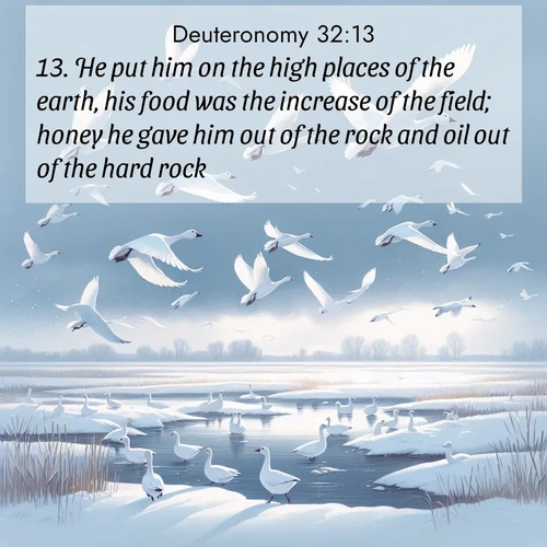 BasicEnglish Deuteronomy  ; image nature: image with the bible verse :He put him on the high places of the earth, his food was the increase of the field; honey he gave him out of the rock and oil out of the hard rock; ; Admire Bible verse images capturing the beauty of beaches, with turquoise waters, palm trees, and peaceful shores. These soothing scenes reflect God&#039;s serenity and majesty. Download and share verses like KJV Deuteronomy 32:13. Current verse is overlayed with the thematic nature scene : Snow geese take flight from a winter marsh. Their wings flash white against leaden skies. ; 32:13