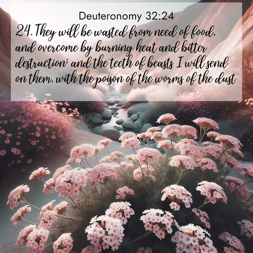 BasicEnglish Deuteronomy  ; image nature: image with the bible verse :They will be wasted from need of food, and overcome by burning heat and bitter destruction; and the teeth of beasts I will send on them, with the poison of the worms of the dust. ; Discover our unique collection of Bible verse images integrated with photos showcasing the majesty of nature, such as rocky mountains, ancient trees, and crystal-clear lakes. These images feature luminous colors and text in varied fonts, reflecting the harmony of God&#039;s creation. Download verses like KJV Deuteronomy 32:24. Current verse is overlayed with the thematic nature scene : Desert verbena blooms in hidden washes. Flash floods carved these secret gardens. ; 32:24