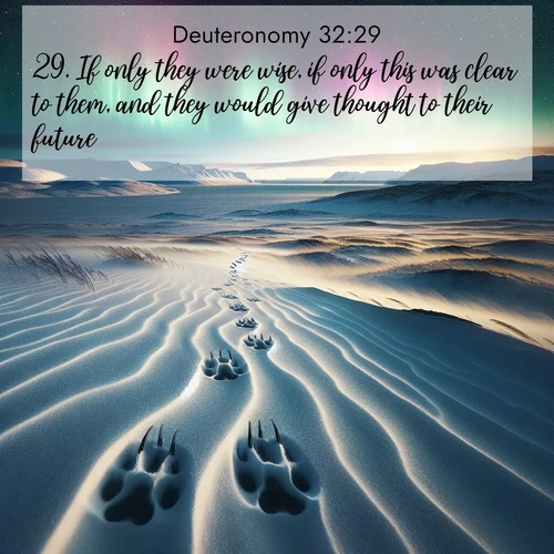 BasicEnglish Deuteronomy  ; image nature: image with the bible verse :If only they were wise, if only this was clear to them, and they would give thought to their future! ; Discover Bible images illustrated by desert landscapes, like sand dunes, majestic rocks, and starry skies. These images symbolize the grandeur and immensity of God&#039;s creation. Download verses like KJV Deuteronomy 32:29. Current verse is overlayed with the thematic nature scene : Arctic fox tracks cross windswept tundra. Northern lights pulse overhead in cosmic rhythm. ; 32:29