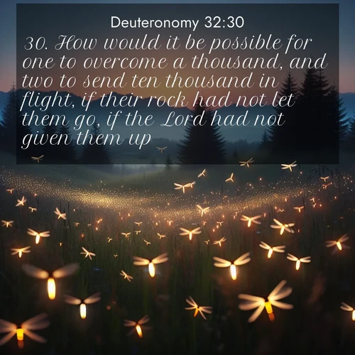 BasicEnglish Deuteronomy  ; image nature: image with the bible verse :How would it be possible for one to overcome a thousand, and two to send ten thousand in flight, if their rock had not let them go, if the Lord had not given them up? ; Explore a rich collection of Bible verse images beautifully illustrated by natural landscapes, such as colorful skies, towering mountains, and tranquil rivers. The images highlight the serenity of God&#039;s creation with vivid tones and carefully chosen typography. Download and share inspiring verses like KJV Deuteronomy 32:30. Current verse is overlayed with the thematic nature scene : Lightning bugs rise from summer meadows at dusk. Their lights dance like earthbound stars. ; 32:30