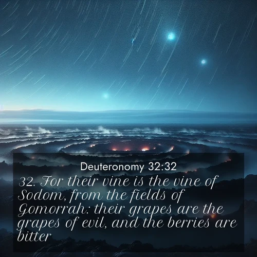 BasicEnglish Deuteronomy  ; image nature: image with the bible verse :For their vine is the vine of Sodom, from the fields of Gomorrah: their grapes are the grapes of evil, and the berries are bitter: ; Discover Bible images adorned with spring landscapes, like tulip fields, cherry blossoms, and green hills. These bright scenes symbolize God&#039;s renewal and grace. Download verses like KJV Deuteronomy 32:32. Current verse is overlayed with the thematic nature scene : Volcanic steam rises through a field of black lava. Stars wheel overhead in the thin air. ; 32:32
