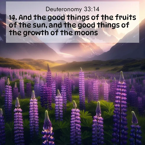 BasicEnglish Deuteronomy  ; image nature: image with the bible verse :And the good things of the fruits of the sun, and the good things of the growth of the moons, ; Explore a collection of free Bible verse images paired with serene landscapes like golden beaches, verdant forests, and clear blue skies. Each image is ideal for desktop or phone wallpapers. Share verses like KJV Deuteronomy 33:14. Current verse is overlayed with the thematic nature scene : Wild lupines paint mountain meadows purple. Snow lingers on distant peaks. ; 33:14