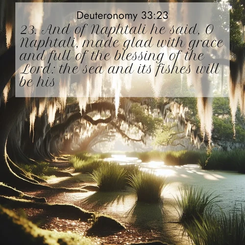 BasicEnglish Deuteronomy  ; image nature: image with the bible verse :And of Naphtali he said, O Naphtali, made glad with grace and full of the blessing of the Lord: the sea and its fishes will be his. ; Dive into our collection of Bible verses paired with coastal scenes, featuring calming waves, infinite beaches, and reflections of the sun on the water. These images evoke the peace and beauty of God. Share verses like KJV Deuteronomy 33:23. Current verse is overlayed with the thematic nature scene : Summer afternoon light filters through Spanish moss in a bayou. ; 33:23