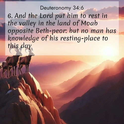 BasicEnglish Deuteronomy  ; image nature: image with the bible verse :And the Lord put him to rest in the valley in the land of Moab opposite Beth-peor: but no man has knowledge of his resting-place to this day. ; Admire Bible images representing autumn, with swirling leaves, misty skies, and vibrant trees. These images inspire profound spiritual reflection. Download and share verses like KJV Deuteronomy 34:6. Current verse is overlayed with the thematic nature scene : Desert bighorns pause on a knife-edge ridge. Sunset paints their horns in gold. ; 34:6
