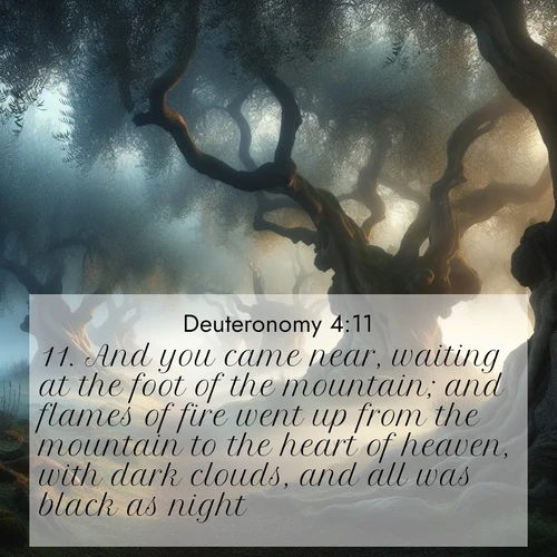 BasicEnglish Deuteronomy  ; image nature: image with the bible verse :And you came near, waiting at the foot of the mountain; and flames of fire went up from the mountain to the heart of heaven, with dark clouds, and all was black as night. ; Explore Bible verses combined with serene beach photos, desert dunes, and infinite skies, highlighting God&#039;s majesty in every landscape. Download and share inspiring verses like KJV Deuteronomy 4:11. Current verse is overlayed with the thematic nature scene : Mist rolls through an ancient olive grove at dawn. Each gnarled trunk tells stories of centuries past. ; 4:11