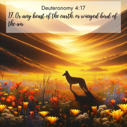BasicEnglish Deuteronomy  ; image nature: image with the bible verse :Or any beast of the earth, or winged bird of the air, ; Discover Bible images adorned with spring landscapes, like tulip fields, cherry blossoms, and green hills. These bright scenes symbolize God&#039;s renewal and grace. Download verses like KJV Deuteronomy 4:17. Current verse is overlayed with the thematic nature scene : Spring wildflowers carpet Death Valley in gold. A coyote&#039;s silhouette melts into the blooms. ; 4:17