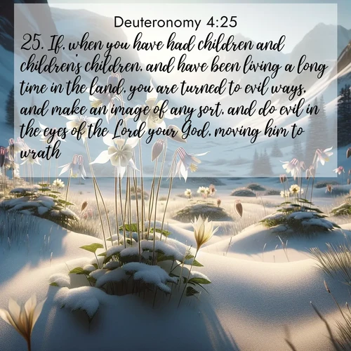 BasicEnglish Deuteronomy  ; image nature: image with the bible verse :If, when you have had children and children&#039;s children, and have been living a long time in the land, you are turned to evil ways, and make an image of any sort, and do evil in the eyes of the Lord your God, moving him to wrath: ; Browse our library of beautiful Bible verse images, perfect for wallpapers or sharing. Each verse is paired with serene natural landscapes like misty mountains, calming beaches, and colorful sunsets. Download and enjoy verses such as KJV Deuteronomy 4:25. Current verse is overlayed with the thematic nature scene : Wild columbines nod in alpine breeze. Glacier lilies dot snowy meadows. ; 4:25