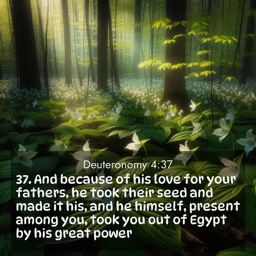 BasicEnglish Deuteronomy  ; image nature: image with the bible verse :And because of his love for your fathers, he took their seed and made it his, and he himself, present among you, took you out of Egypt by his great power; ; Admire Bible images representing autumn, with swirling leaves, misty skies, and vibrant trees. These images inspire profound spiritual reflection. Download and share verses like KJV Deuteronomy 4:37. Current verse is overlayed with the thematic nature scene : Wild trillium carpets the forest floor. Sunlight filters green through new spring leaves. ; 4:37