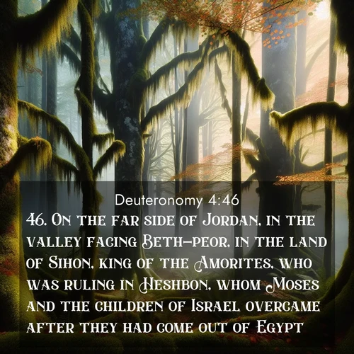 BasicEnglish Deuteronomy  ; image nature: image with the bible verse :On the far side of Jordan, in the valley facing Beth-peor, in the land of Sihon, king of the Amorites, who was ruling in Heshbon, whom Moses and the children of Israel overcame after they had come out of Egypt: ; Admire Bible verse images illustrated by desert scenes, such as sunsets over dunes, majestic rocks, and solitary cacti. These images capture the majesty of God in arid places. Download and share verses like KJV Deuteronomy 4:46. Current verse is overlayed with the thematic nature scene : Autumn fog shrouds an old-growth forest draped in moss and lichen. ; 4:46