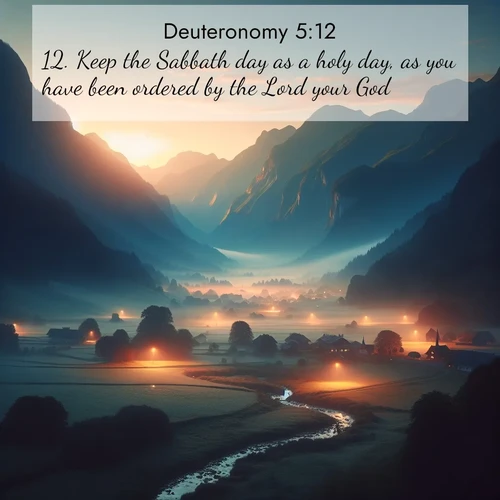 BBE Deuteronomy 5:12 overlaying nature image scene: Morning mist rises from valley streams. Birdsong heralds the dawn chorus.;12. Keep the Sabbath day as a holy day, as you have been ordered by the Lord your God.