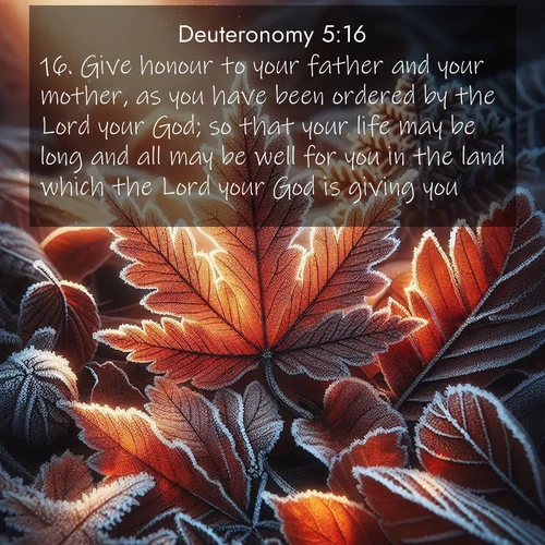 BBE Deuteronomy 5:16 overlaying nature image scene: Autumn frost rims fallen leaves with crystal.;16. Give honour to your father and your mother, as you have been ordered by the Lord your God; so that your life may be long and all may be well for you in the land which the Lord your God is giving you.