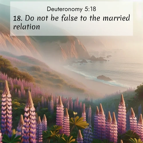 BasicEnglish Deuteronomy  ; image nature: image with the bible verse :Do not be false to the married relation. ; Admire Bible verse images capturing the beauty of beaches, with turquoise waters, palm trees, and peaceful shores. These soothing scenes reflect God&#039;s serenity and majesty. Download and share verses like KJV Deuteronomy 5:18. Current verse is overlayed with the thematic nature scene : Wild lupines carpet coastal bluffs. Pacific fog rolls in like smoke. ; 5:18
