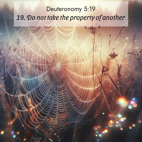 BBE Deuteronomy 5:19 overlaying nature image scene: Morning fog reveals spider web galaxies. Dew drops catch rainbow light.;19. Do not take the property of another.