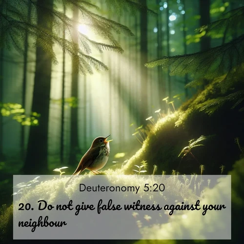 BBE Deuteronomy 5:20 overlaying nature image scene: A hermit thrush sings from deep woods. Sunlight filters through green canopy.;20. Do not give false witness against your neighbour;