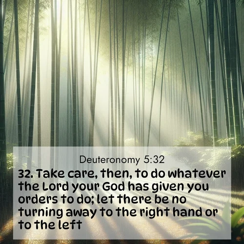 BasicEnglish Deuteronomy  ; image nature: image with the bible verse :Take care, then, to do whatever the Lord your God has given you orders to do; let there be no turning away to the right hand or to the left. ; Browse a vast collection of Bible verse images featuring awe-inspiring landscapes such as calm lakes, vibrant sunsets, and peaceful fields. Download them for free and enjoy verses like KJV Deuteronomy 5:32. Current verse is overlayed with the thematic nature scene : Bamboo forests cast striped shadows while a gentle rain patters on broad leaves. ; 5:32