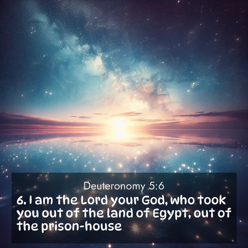 BBE Deuteronomy 5:6 overlaying nature image scene: Stars reflect perfectly in the salt flats after rainfall. The horizon disappears in the mirror-like expanse.;6. I am the Lord your God, who took you out of the land of Egypt, out of the prison-house.