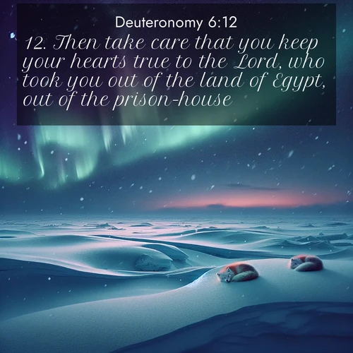 BBE Deuteronomy 6:12 overlaying nature image scene: Northern lights dance across the frozen tundra in ribbons of green and purple. Snow falls silently on sleeping arctic foxes.;12. Then take care that you keep your hearts true to the Lord, who took you out of the land of Egypt, out of the prison-house.
